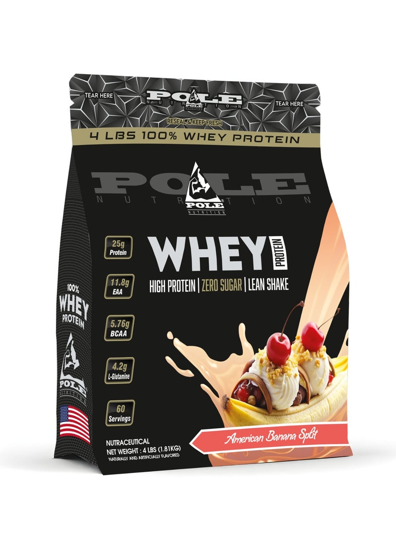 POLE NUTRITION بروتين مصل اللبن 100% 4 رطل (1.81 كجم) - مشروب بروتين عالي مع صفر سكر (موز أمريكي مقسم) - Image 1